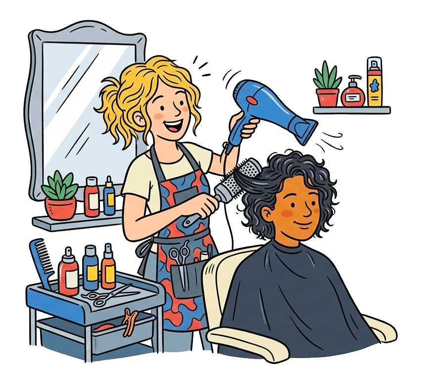 Illustration of a stylist blow-drying a client's hair in a salon